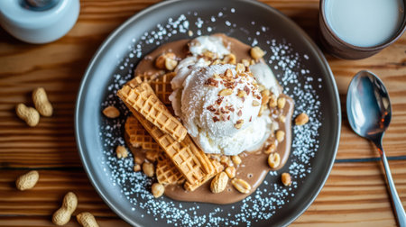 A top-down shot of a dessert platter featuring coconut milk ice cream, crispy wafer sticks, roasted peanuts, and a small cup of coconut milkの素材