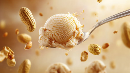 A spoon lifting a bite of creamy coconut milk ice cream, with roasted peanuts falling slightly, capturing the texture and richnessの素材