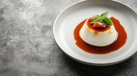A sophisticated panna cotta dessert with espresso caramel, placed on a neutral plate with soft lighting and space for text.の素材