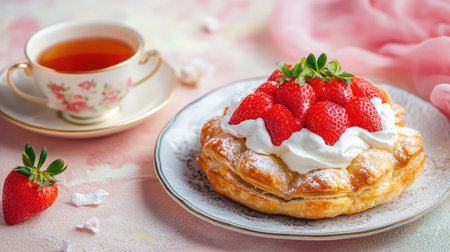 A strawberry and cream puff pastry dessert with a cup of jasmine tea, styled on a pastel-colored tablecloth.の素材