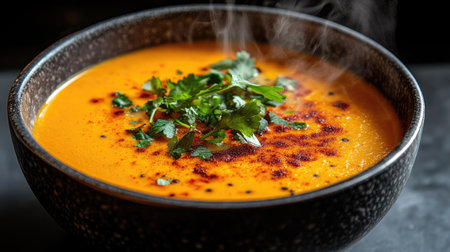 A steaming bowl of Moroccan spiced lentil soup, garnished with cinnamon and fresh herbs, showing its use in savory dishes.の素材