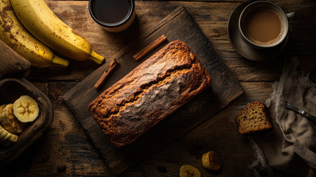 A warm banana bread loaf with a dusting of cinnamon, fresh from the oven, paired with a cup of coffee on a rustic table.の素材