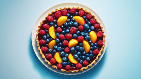 A vibrant fruit tart with blueberries, raspberries, and peaches, placed on a white plate against a clean background, top-down shot.の素材