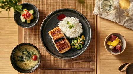 A top-down view of a traditional Japanese meal with mentaiko, grilled fish, rice, and miso soup, arranged on a tatami matの素材