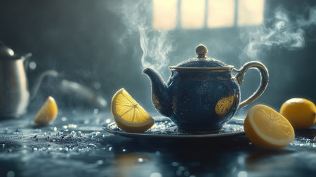 A steaming cup of tea with lemon wedges and a classic teapot, set against a grey backdrop, top-down view with empty space.の素材