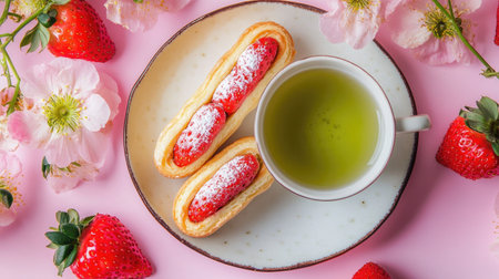 A top-down view of a tea break featuring strawberry clairs and a cup of green tea on a soft pastel background.の素材
