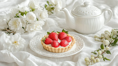 A warm, inviting dessert table featuring a strawberry tart and a steaming teapot, surrounded by soft linen and fresh flowers.の素材