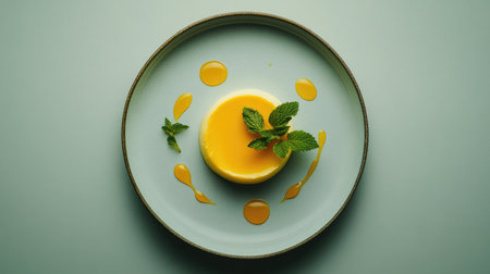 Aesthetic panna cotta with mango puree and fresh mint, beautifully plated in a top-down composition on a minimalist surface.の素材