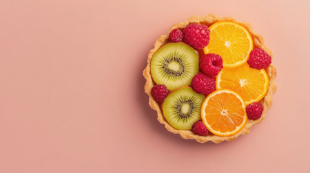 Aesthetic top-down view of a fruit tart with raspberries, kiwi, and citrus slices, presented on a neutral background.の素材