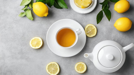 Aesthetic tea time with a white tea cup, a matching teapot, and sliced lemons, displayed on a grey stone background, top-down shot.の素材