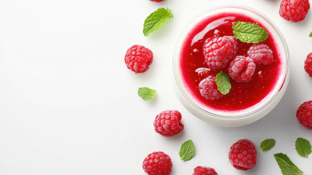 Beautifully presented panna cotta with a drizzle of raspberry sauce and fresh mint, styled with clean space for text or logos.の素材