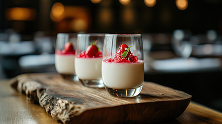 An aesthetic presentation of panna cotta in glass cups, with a strawberry jelly topping and fresh strawberries, placed on a rustic wooden board.の素材