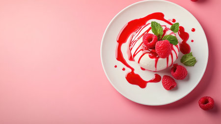 Beautifully presented panna cotta with a drizzle of raspberry sauce and fresh mint, styled with clean space for text or logos.の素材