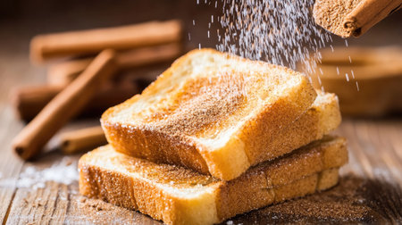 Cinnamon sugar being sprinkled over warm toast, illustrating its sweet and comforting use in breakfast dishes.の素材