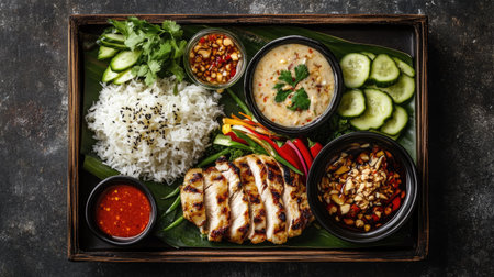 Flat lay of a Som Tum platter with fresh vegetables, sticky rice, grilled chicken, and Thai dipping sauces on a banana leaf-lined tray.の素材