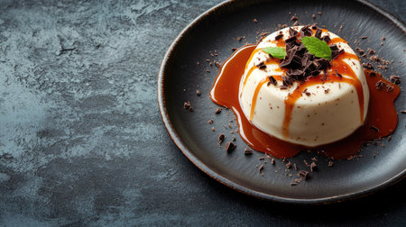 Elegant panna cotta topped with chocolate shavings and caramel drizzle, served on a chic plate with space for text on a dark background.の素材