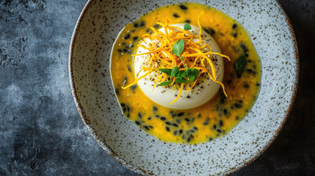 Exquisite panna cotta with a citrus zest garnish and a drizzle of passion fruit sauce, captured in an overhead shot.の素材