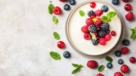 Classic panna cotta with a smooth texture, topped with fresh berries and mint, elegantly plated with space for text on a neutral background.の素材