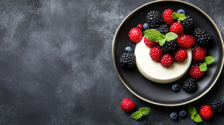 Freshly prepared panna cotta with mixed berry toppings, placed on a stylish ceramic plate with text space for menus or ads.の素材