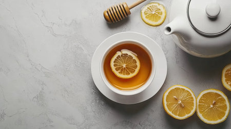 Classic tea setup with a ceramic teapot, a cup of tea with floating lemon slices, and a honey dipper, all arranged on a grey surface, top view.の素材