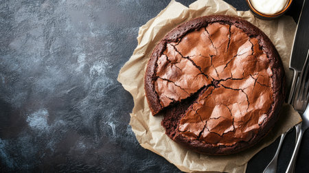 Freshly baked chocolate cake with a rustic, cracked top, displayed in a round shape on parchment paper, captured from above.の素材
