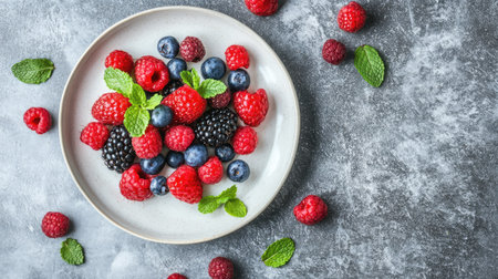 Classic panna cotta with a smooth texture, topped with fresh berries and mint, captured from a top-down view on a white plate.の素材