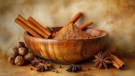 Freshly ground cinnamon in a wooden bowl, surrounded by cinnamon sticks, star anise, and nutmeg, set on a warm-toned background.の素材