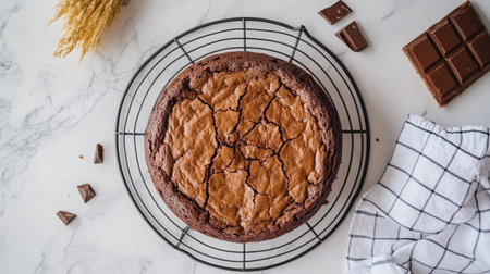 Freshly baked, dense and fudgy round chocolate cake on a cooling rack, styled with minimal props, photographed from above.の素材