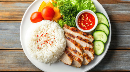 Flat lay of Northern Thai food set, including sticky rice, Nam Prik Ong tomato chili dip, grilled pork, and fresh vegetables on a wooden table.の素材