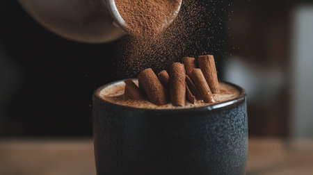 Ground cinnamon being dusted over a frothy cappuccino, emphasizing its aromatic appeal in coffee and hot beverages.の素材