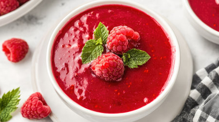 Freshly made panna cotta with raspberry coulis and delicate garnish, presented from an overhead perspective on a white plate.の素材