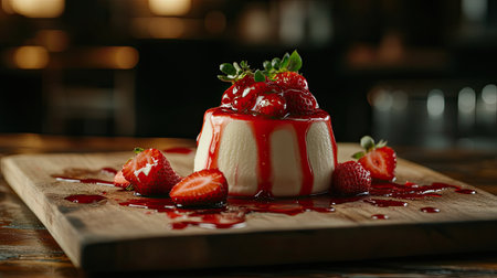 Freshly prepared panna cotta with strawberry jelly and whole strawberries, served on a rustic wooden cutting board, capturing home-cooked charm.の素材