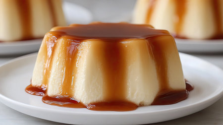 Gourmet panna cotta drizzled with caramel sauce, served on a white plate with elegant plating and space for text on a neutral backdrop.の素材