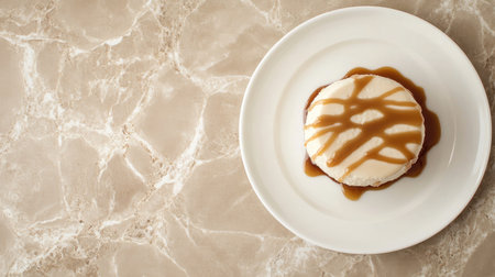 Gourmet panna cotta drizzled with caramel sauce, served on a white plate with elegant plating and space for text on a neutral backdrop.の素材