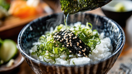 Japanese ochazuke with a generous serving of mentaiko, hot tea being poured over rice, garnished with seaweed and sesame seedsの素材