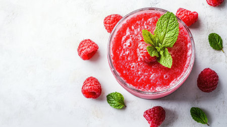Italian panna cotta dessert served with raspberry sauce, garnished with mint leaves, beautifully presented with copy space on a white surface.の素材