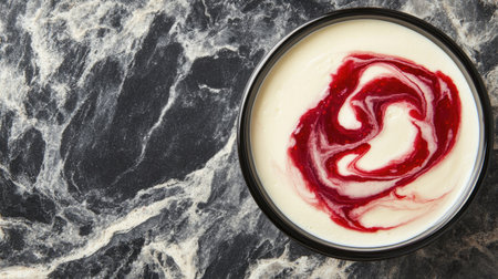 Luxurious panna cotta with a swirl of raspberry sauce, styled with delicate plating and an open area for text placement.の素材