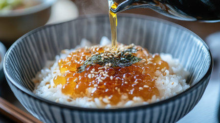 Japanese ochazuke with a generous serving of mentaiko, hot tea being poured over rice, garnished with seaweed and sesame seedsの素材