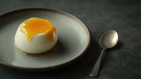 Italian-style panna cotta with golden honey drizzle, beautifully arranged with a spoon beside it, leaving space for text.の素材