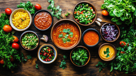 Overhead composition of Thai pork satay on a wooden table, surrounded by traditional dipping sauces and fresh, colorful garnishes.の素材