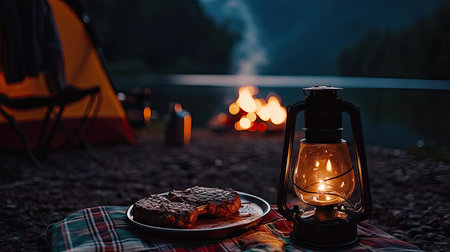 Romantic camping dinner setup with a hot Hamburg steak, flickering lantern light, and a warm bonfire in the distanceの素材