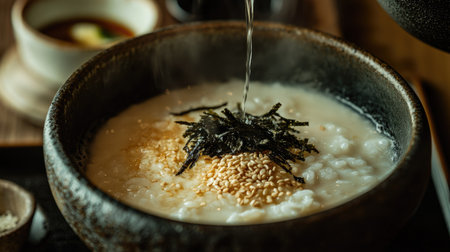 Japanese ochazuke with a generous serving of mentaiko, hot tea being poured over rice, garnished with seaweed and sesame seedsの素材
