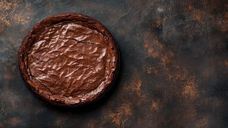 Rich and indulgent round chocolate brownie cake with a perfect crackly top, styled on a dark background, captured from above.の素材