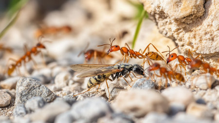 Red ants showing strength and teamwork as they carry a dead robber fly over a rocky surface. The power of nature.の素材