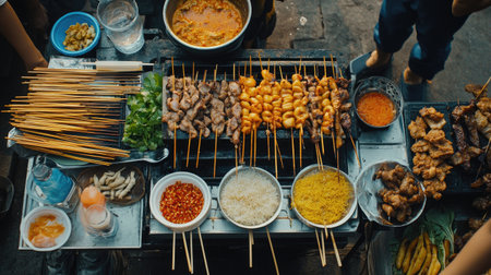 Overhead shot of a Northern Thai food feast, featuring Khao Soi, sticky rice, grilled meats, and fresh chili pastes.の素材