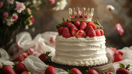 Royal-inspired strawberry and vanilla cake, elegantly decorated with a crown and fresh strawberries.の素材