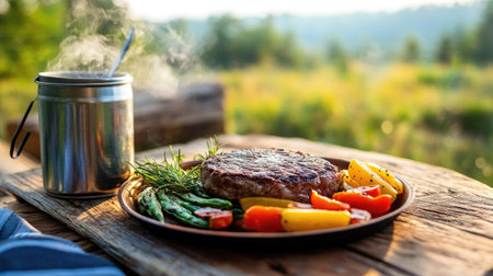 Rustic wooden table set with a hot Hamburg steak, steaming vegetables, and a tin camping mug, scenic nature backdropの素材