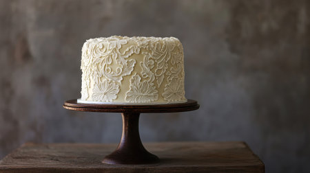 Single-tiered Lambeth-style cake with intricate buttercream lace details, a beautiful gift for a loved one.の素材