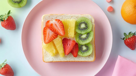 Soft white bread fruit sandwich with orange, kiwi, and strawberries, arranged on a minimalist ceramic plate with pastel tonesの素材