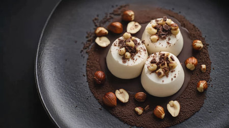 Soft and creamy panna cotta with a smooth chocolate glaze and roasted hazelnuts, plated elegantly for a top-down composition.の素材